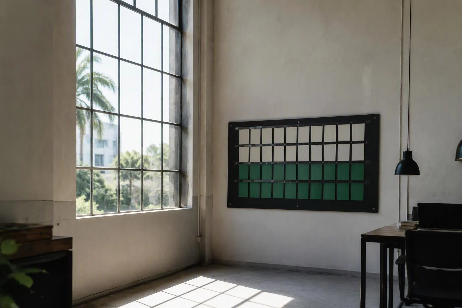 Janela alta do galpão com o quadro de escala pendurado ao lado